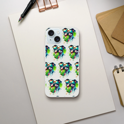 Chill Dog slim protective iPhone case for 13-16 with repeating colorful dog wearing sunglasses holding a green popsicle.