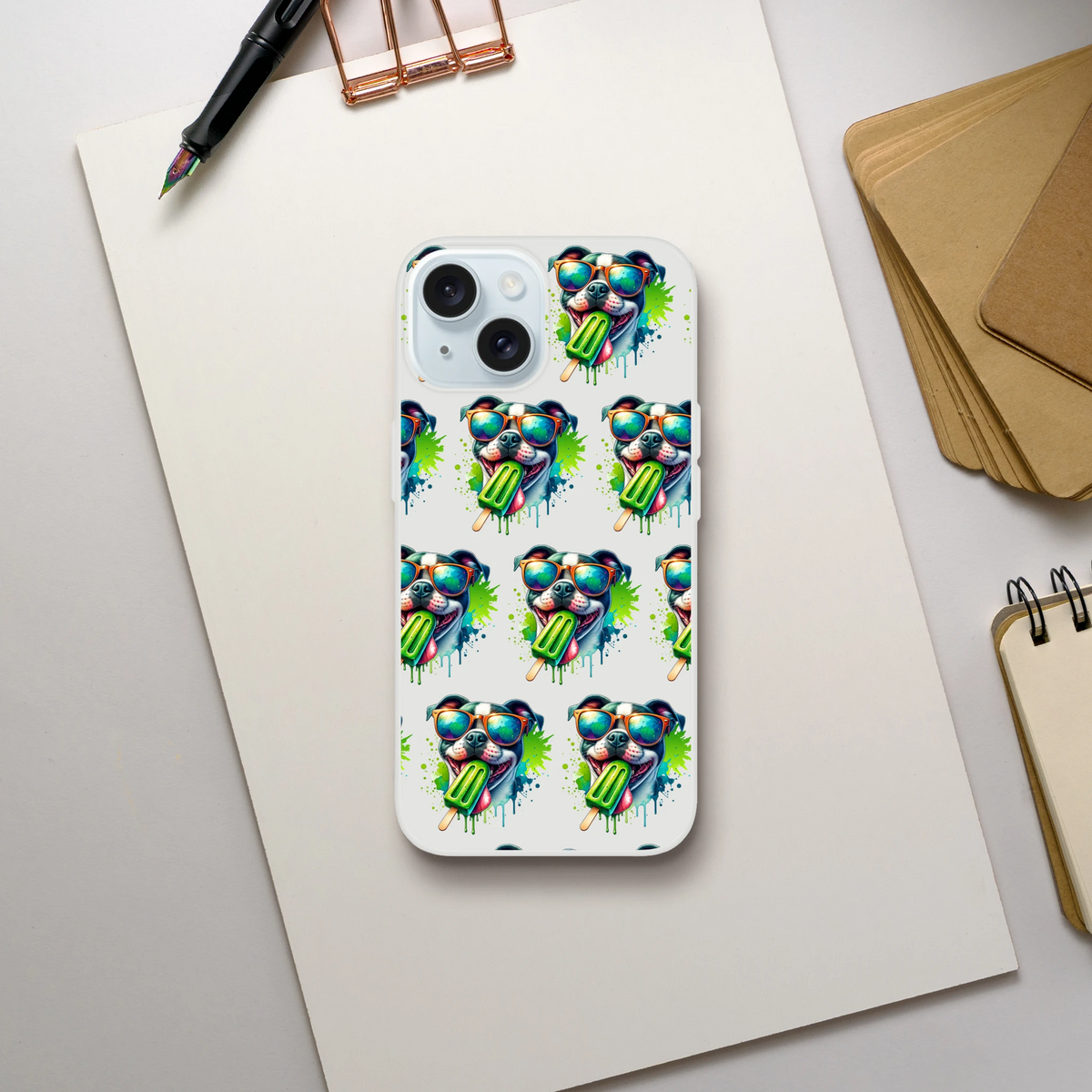 Chill Dog slim protective iPhone case for 13-16 with repeating colorful dog wearing sunglasses holding a green popsicle.