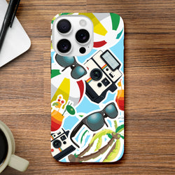 Blue summer sticker effect iPhone case featuring palm trees, retro cameras, sunglasses, and beach balls on a vibrant background.