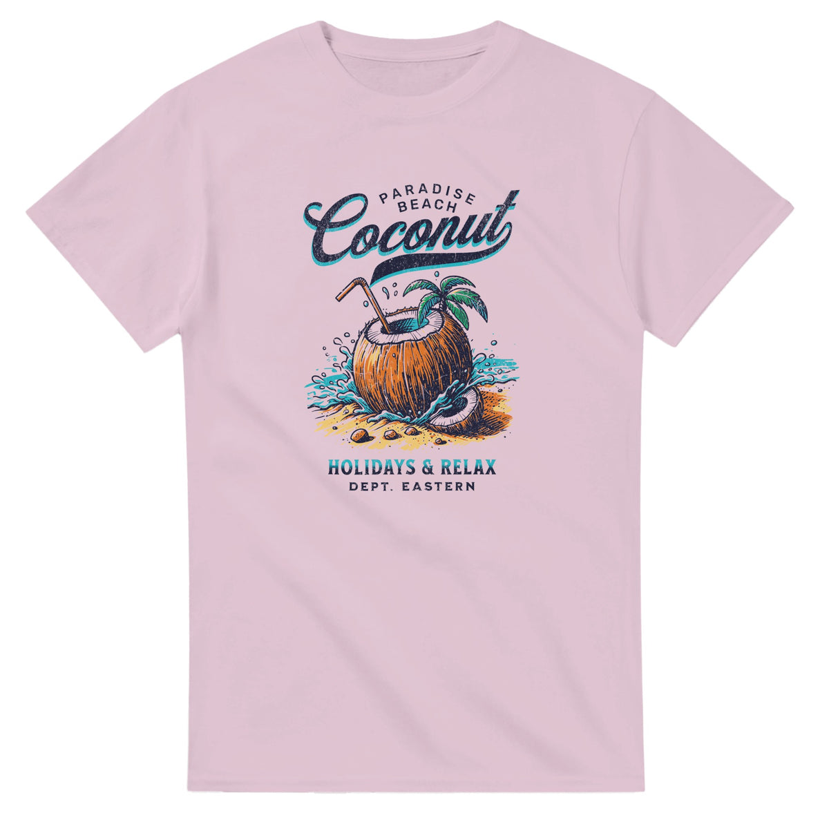 Pastel pink women's graphic tee with tropical coconut on the beach, palm tree, waves, and retro text.