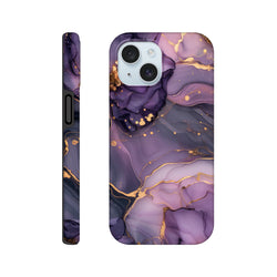 Luxury purple and gold marble iPhone case featuring abstract fluid art with metallic gold veins and protective wraparound design.