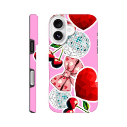 Pink iPhone case featuring sticker-style cherries, heart bow, disco balls, and red gem graphics for Y2K aesthetic protection.
