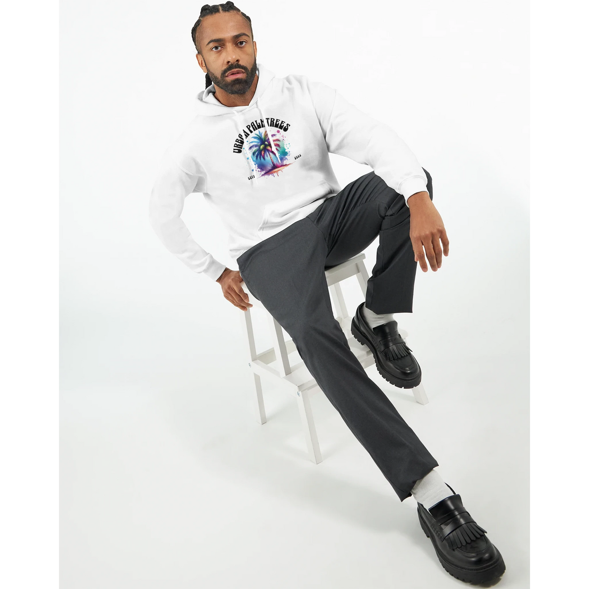 Man wearing Urban Palm Trees Hoodie for Men - white streetwear pullover with colorful palm tree graphic