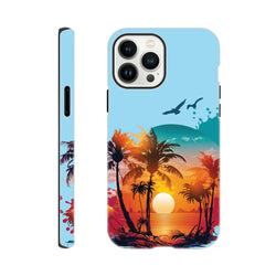Tropical sunset palm tree iPhone case featuring vibrant orange sky, silhouetted trees, and flying birds over ocean for drop resistance.