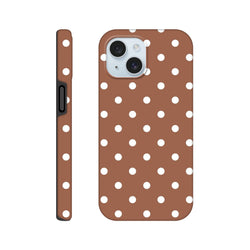 Retro brown and white polka dot tough iPhone case with shock-absorbing TPU protection for iPhone 13-16 Pro Max.