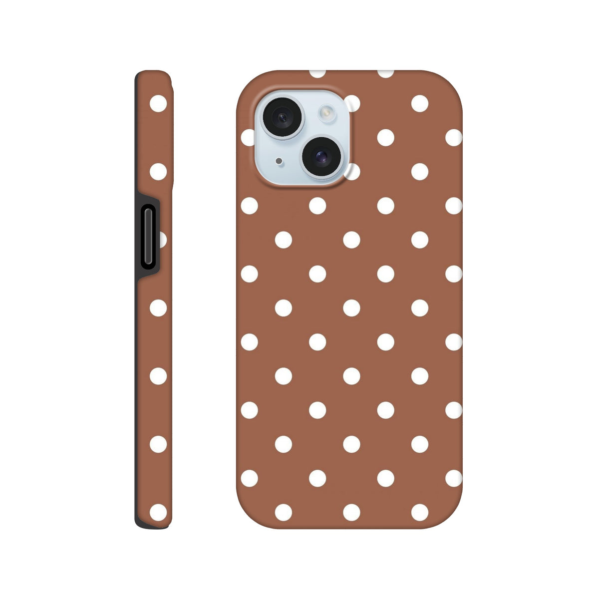 Retro brown and white polka dot tough iPhone case with shock-absorbing TPU protection for iPhone 13-16 Pro Max.
