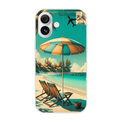 Vintage Postcard iPhone Case with Holiday Aesthetic: teal sky, palm trees, airplane stamp, and beach umbrellas.