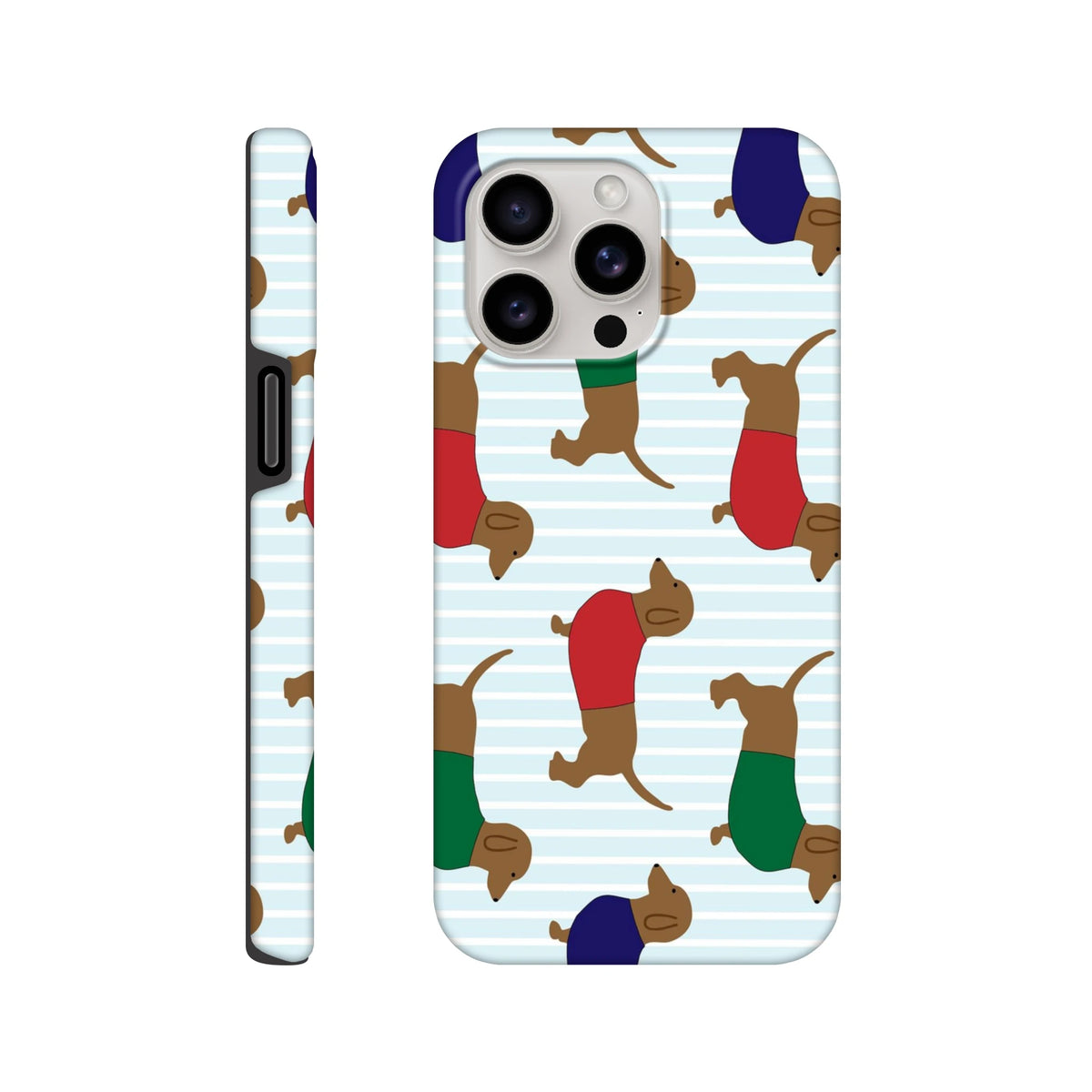 Cute Dachshund tough iPhone case with sausage dogs in red, green, and blue sweaters on a light blue striped background.