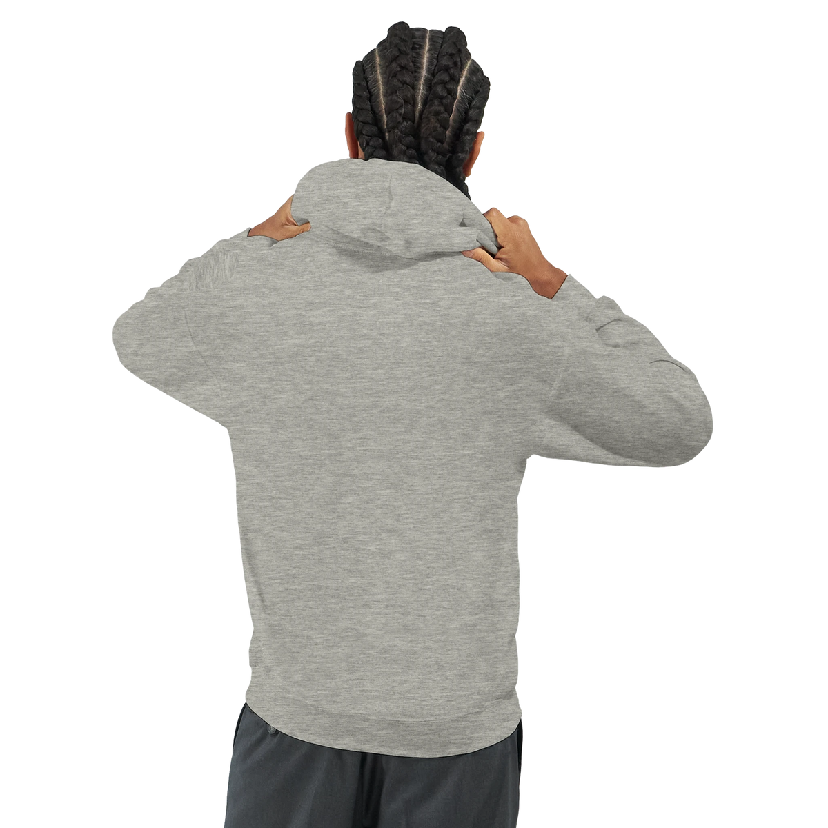 Back view of Panda DJ men's graphic hoodie in heather gray cotton blend.