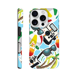 Summer holiday sticker effect iPhone case featuring palm trees, vintage cameras, sunglasses, and beach balls on a blue background.