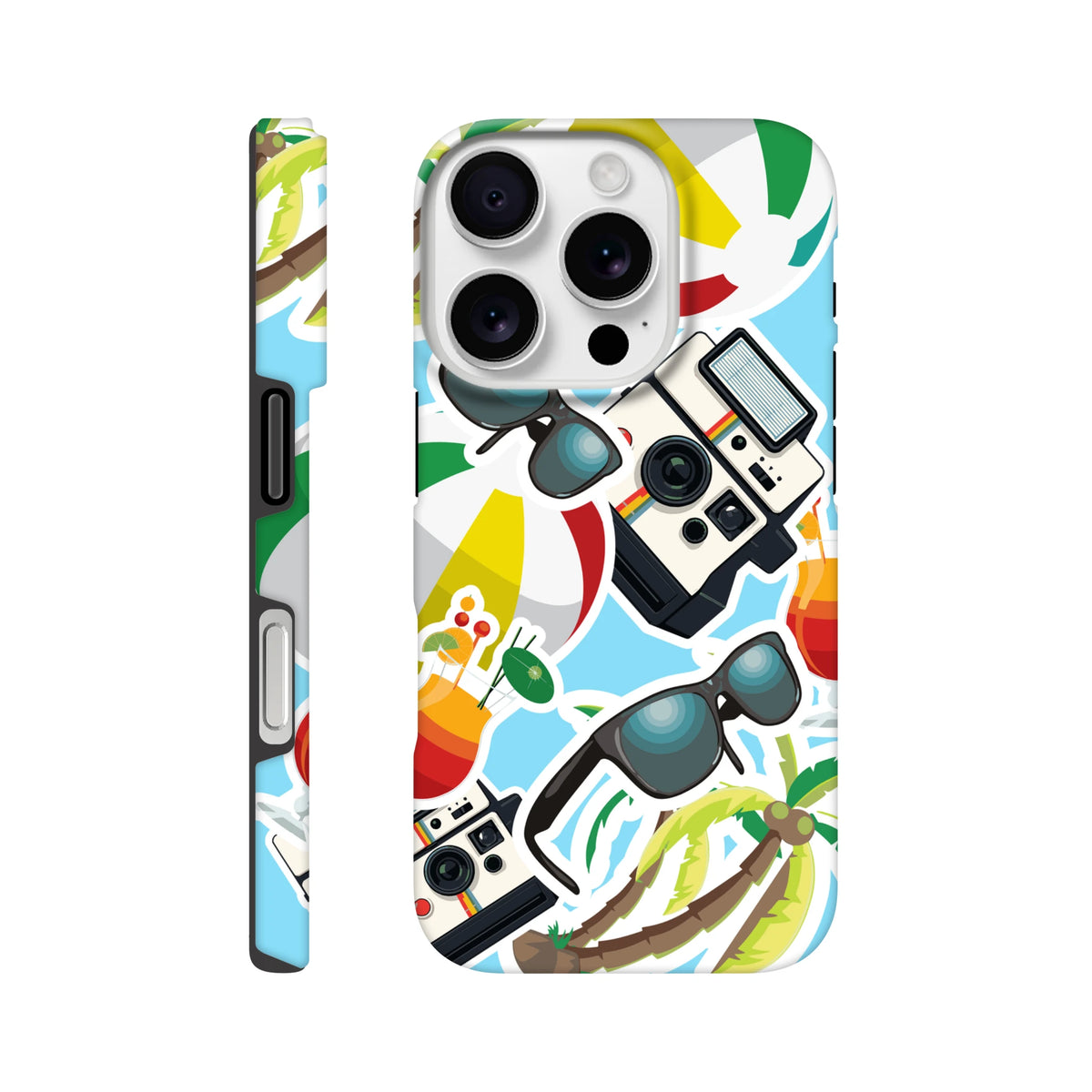 Summer holiday sticker effect iPhone case featuring palm trees, vintage cameras, sunglasses, and beach balls on a blue background.