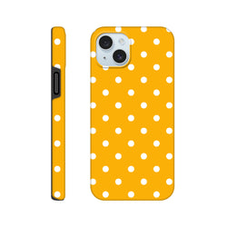 Orange and white polka dot tough iPhone case with shock-absorbing dual-layer TPU shell for models 13-16.