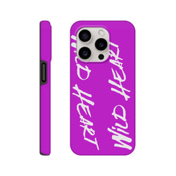 Vivid purple tough iPhone case with white Wild Heart slogan print, offering shock-absorbing urban protection for iPhone 13-16.