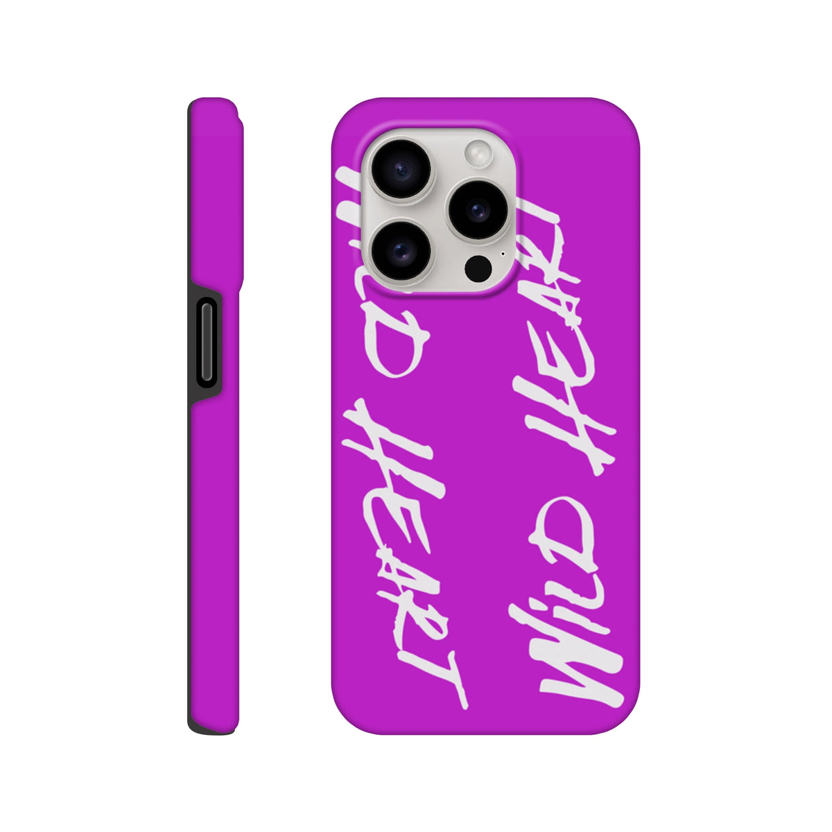 Vivid purple tough iPhone case with white Wild Heart slogan print, offering shock-absorbing urban protection for iPhone 13-16.