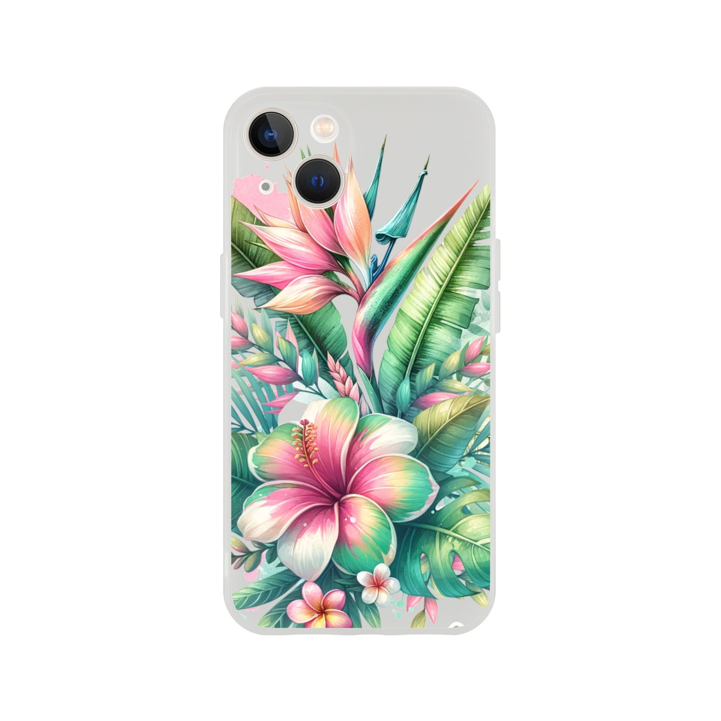 iPhone case with tropical floral design on a white background 14