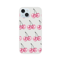 Slim transparent iPhone case with pink glitter ball cherries pattern.