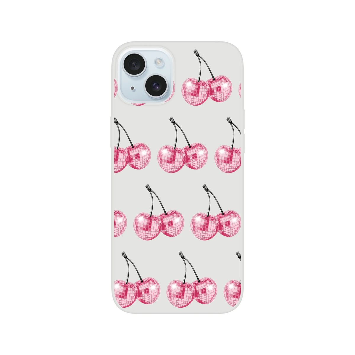 Slim transparent iPhone case with pink glitter ball cherries pattern.