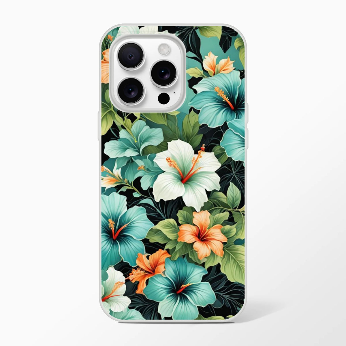 Tropical hibiscus Hawaiian floral iPhone case for 13–16 with a slim matte shell.