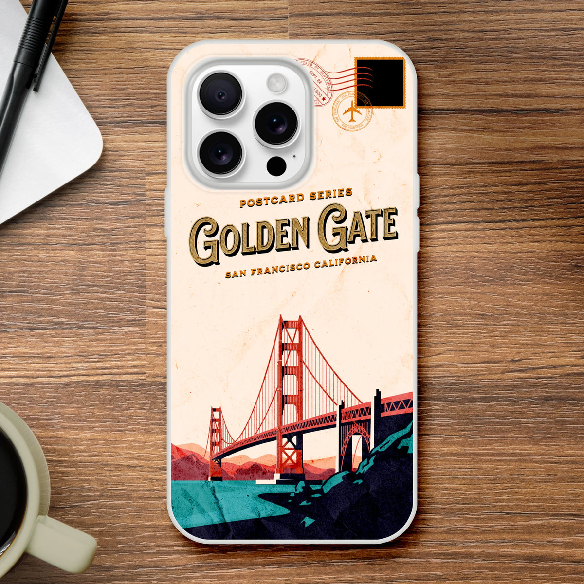 Vintage postcard iPhone case for 13-16 with Golden Gate Bridge design, San Francisco USA holiday theme.