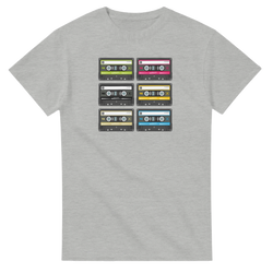 Grey men's t-shirt featuring a grid of six colorful retro cassette tapes for 80s music nostalgia and vintage streetwear style.