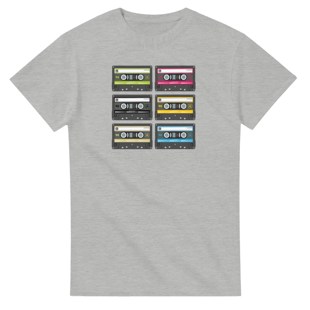 Grey men's t-shirt featuring a grid of six colorful retro cassette tapes for 80s music nostalgia and vintage streetwear style.