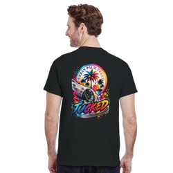 Black men's T-shirt back with colorful "Tucked" graphic featuring a lowered car, palm trees, and "Urban Palm Trees" text.