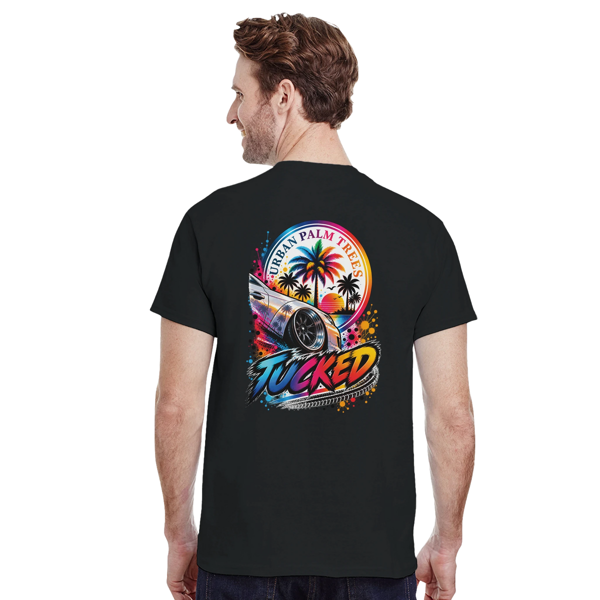 Black men's T-shirt back with colorful "Tucked" graphic featuring a lowered car, palm trees, and "Urban Palm Trees" text.