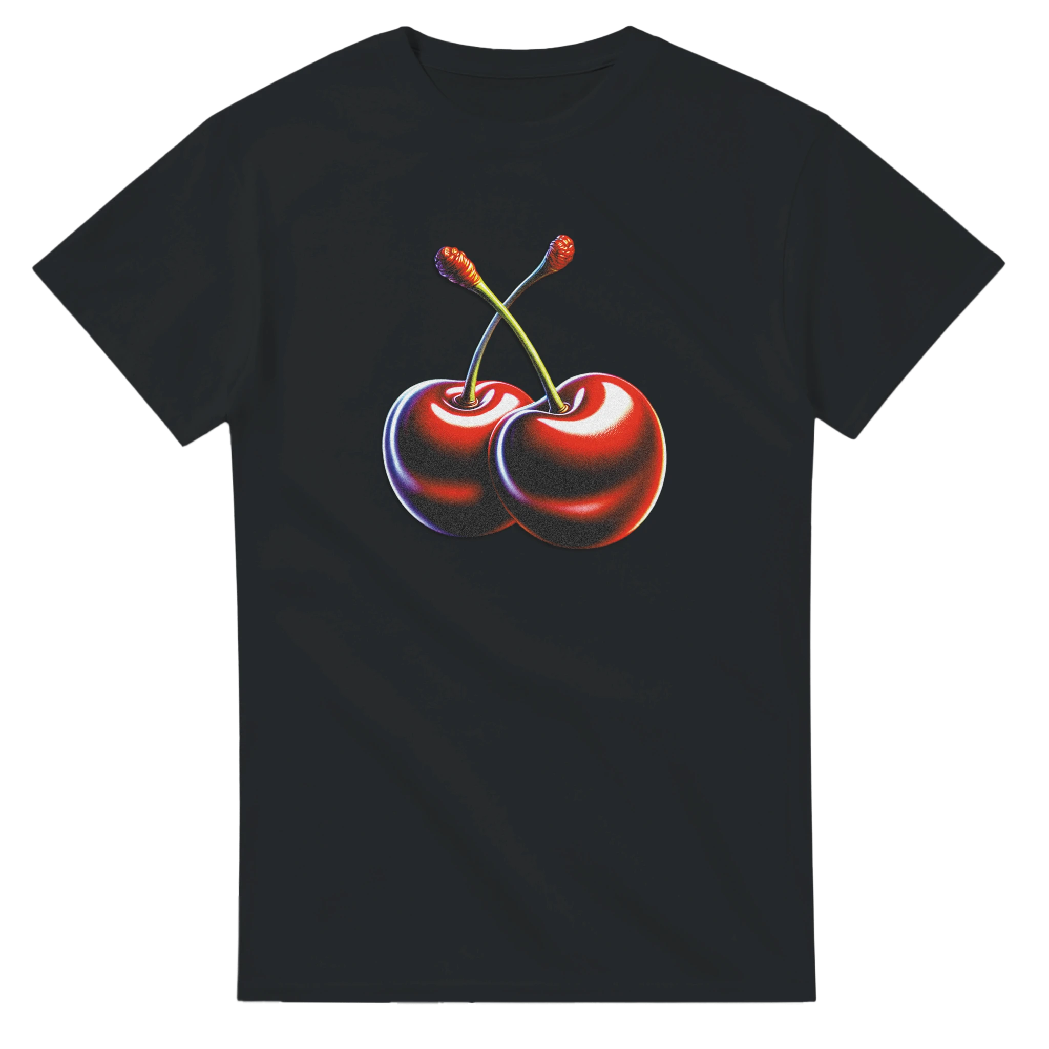 Black women's graphic tee with a pair of bright red cherries on the chest