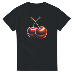 Black women's graphic tee with a pair of bright red cherries on the chest