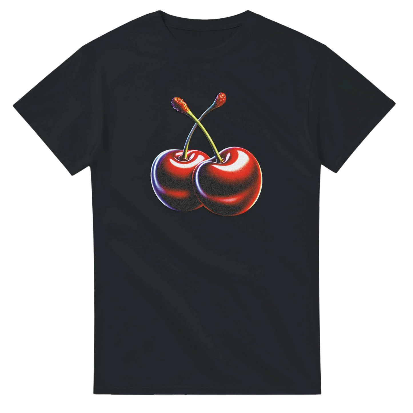 Black women's graphic tee with a pair of bright red cherries on the chest