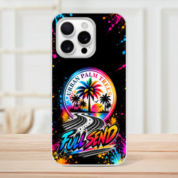 Full Send car culture iPhone case featuring Urban Palm Trees artwork, tire tracks, and colorful paint splatters on a black background.