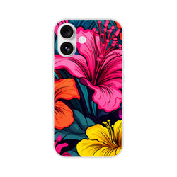 Colourful Tropical Hibiscus iPhone Case for 13–16 with pink hibiscus on teal leaves.