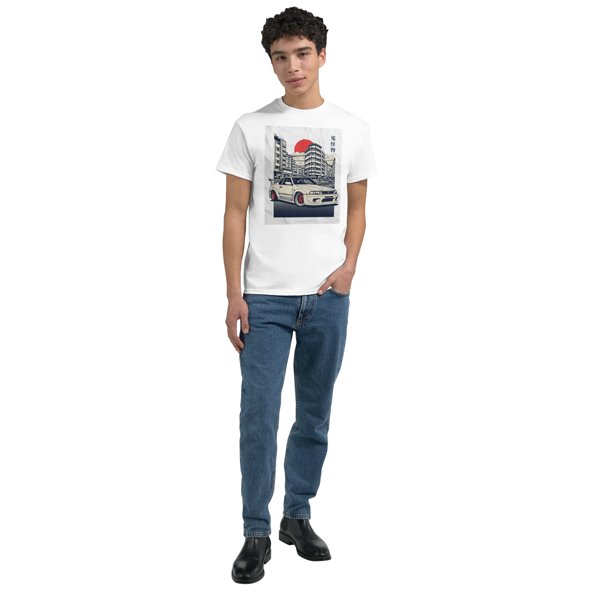 Male model wearing Car T Shirt with JDM graphic on white soft heavyweight cotton, classic fit with cityscape car print.