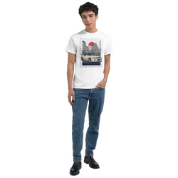 Male model wearing Car T Shirt with JDM graphic on white soft heavyweight cotton, classic fit with cityscape car print.