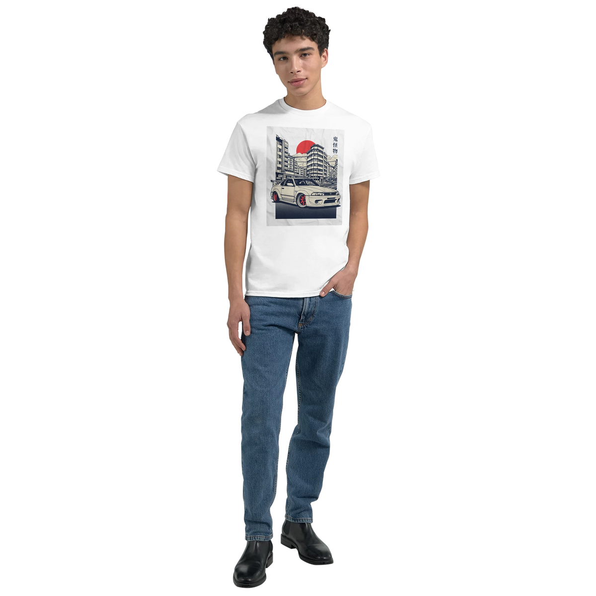 Male model wearing Car T Shirt with JDM graphic on white soft heavyweight cotton, classic fit with cityscape car print.