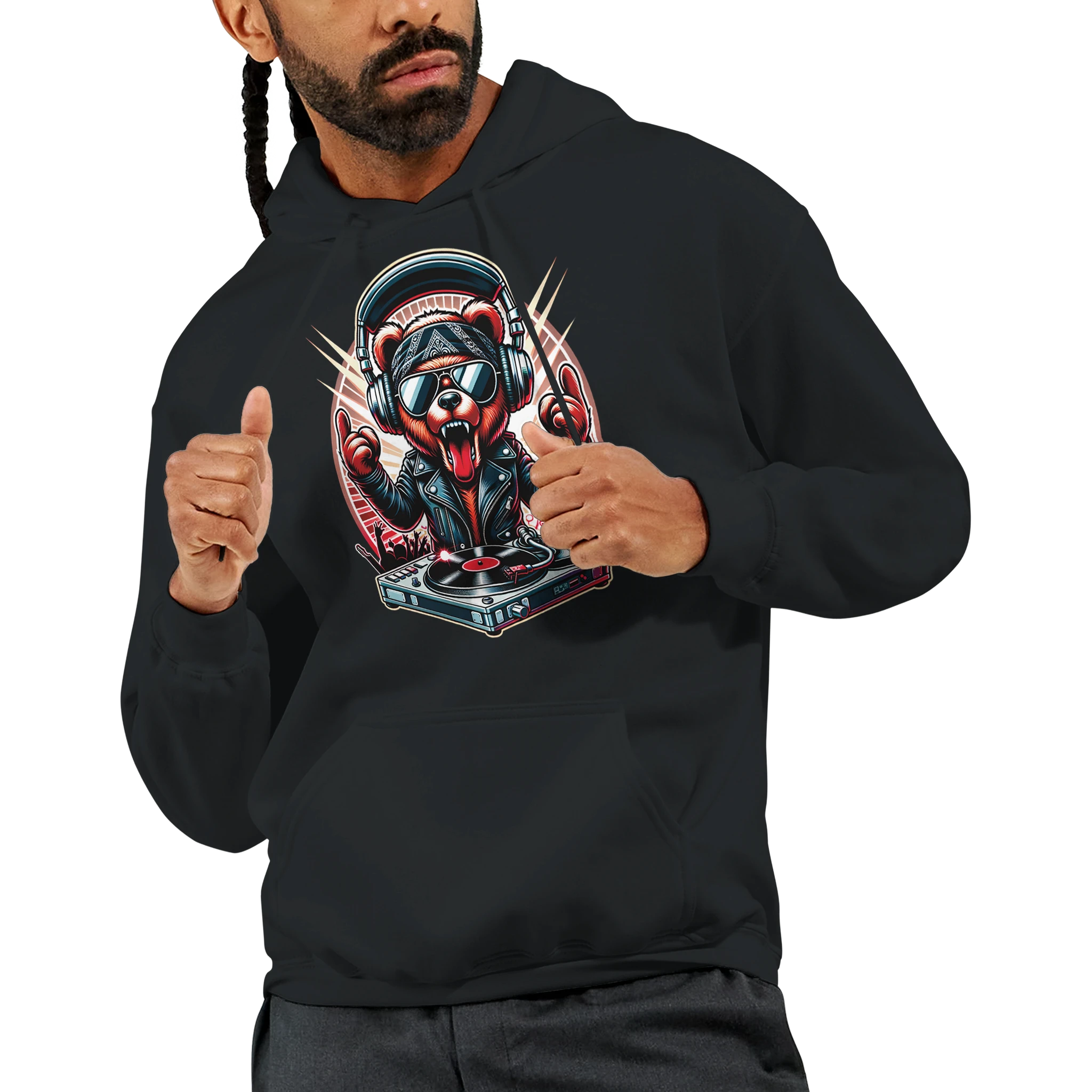 Men's DJ Bear hoodie in black with bold graphic of a bear DJ wearing headphones at a turntable.
