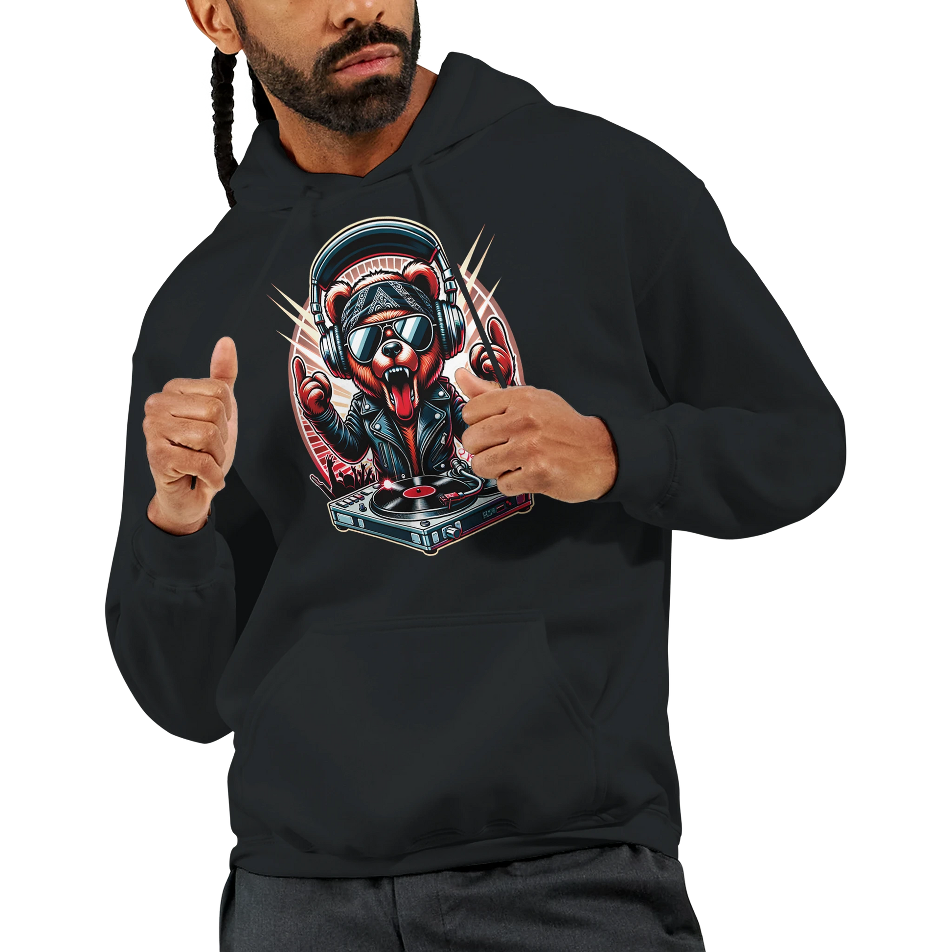 Person wearing a black men's bear hoodie with a graphic design of a bear with headphones and a microphone. 4