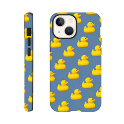 Blue tough iPhone case featuring a repeating pattern of cute yellow kawaii rubber ducks for streetwear style.