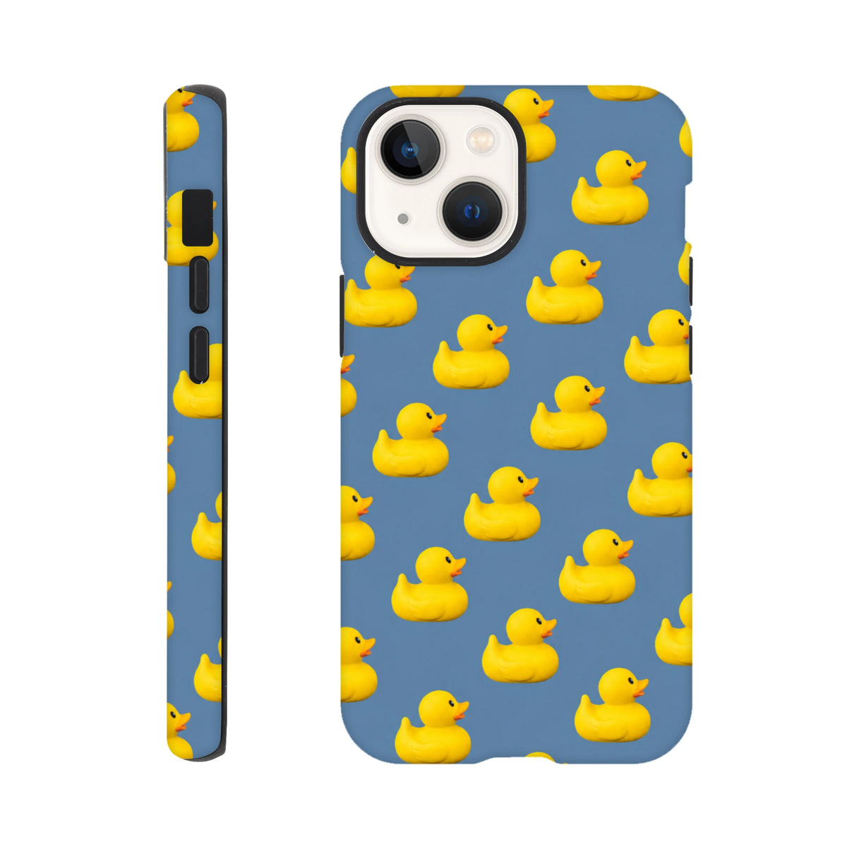 Blue tough iPhone case featuring a repeating pattern of cute yellow kawaii rubber ducks for streetwear style.