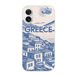 Vintage Greece postcard iPhone case with blue coastal town illustration, retro holiday style