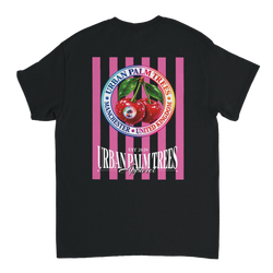 Back of black t-shirt featuring retro striped cherry graphic with Urban Palm Trees branding in pink, blue, and white.