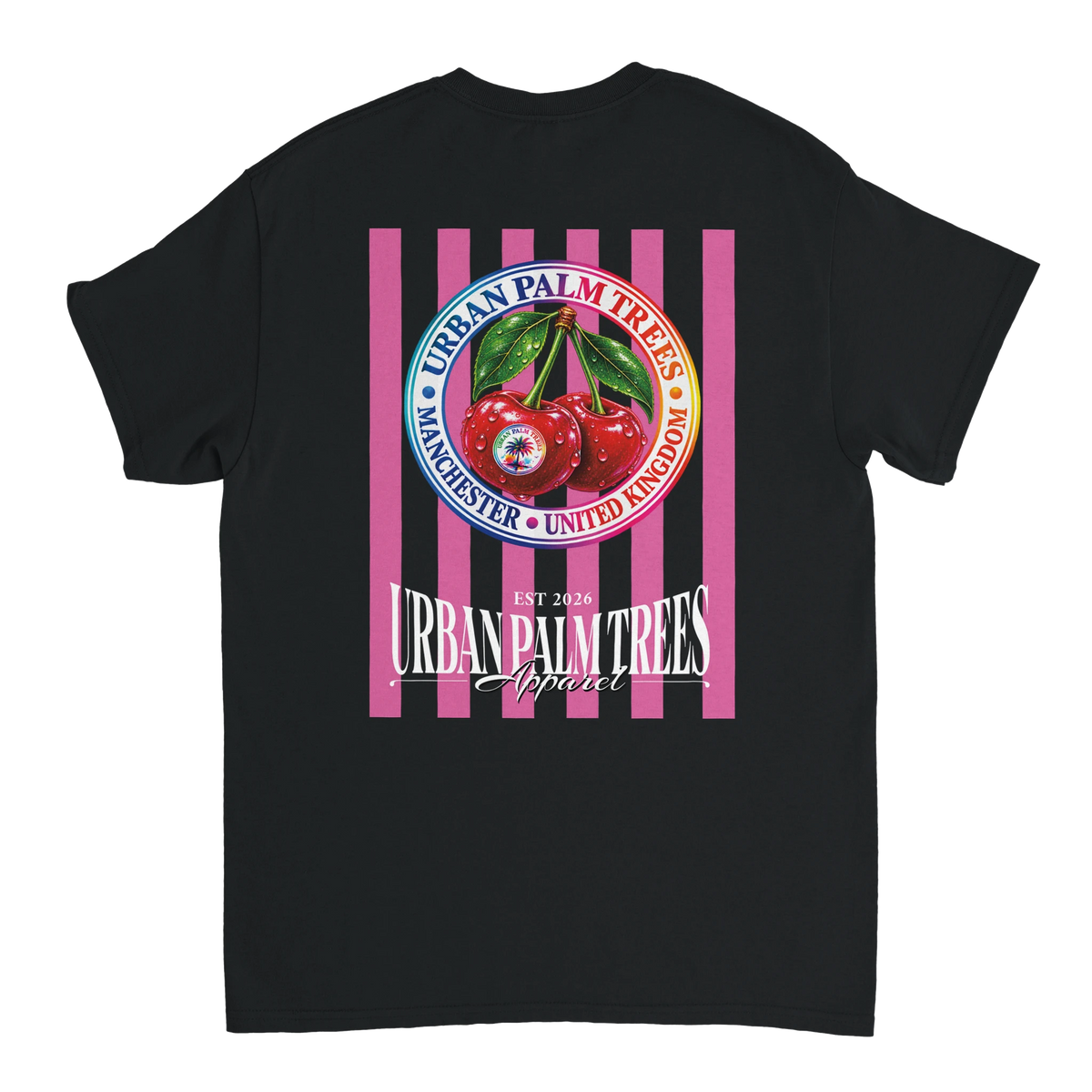 Back of black t-shirt featuring retro striped cherry graphic with Urban Palm Trees branding in pink, blue, and white.