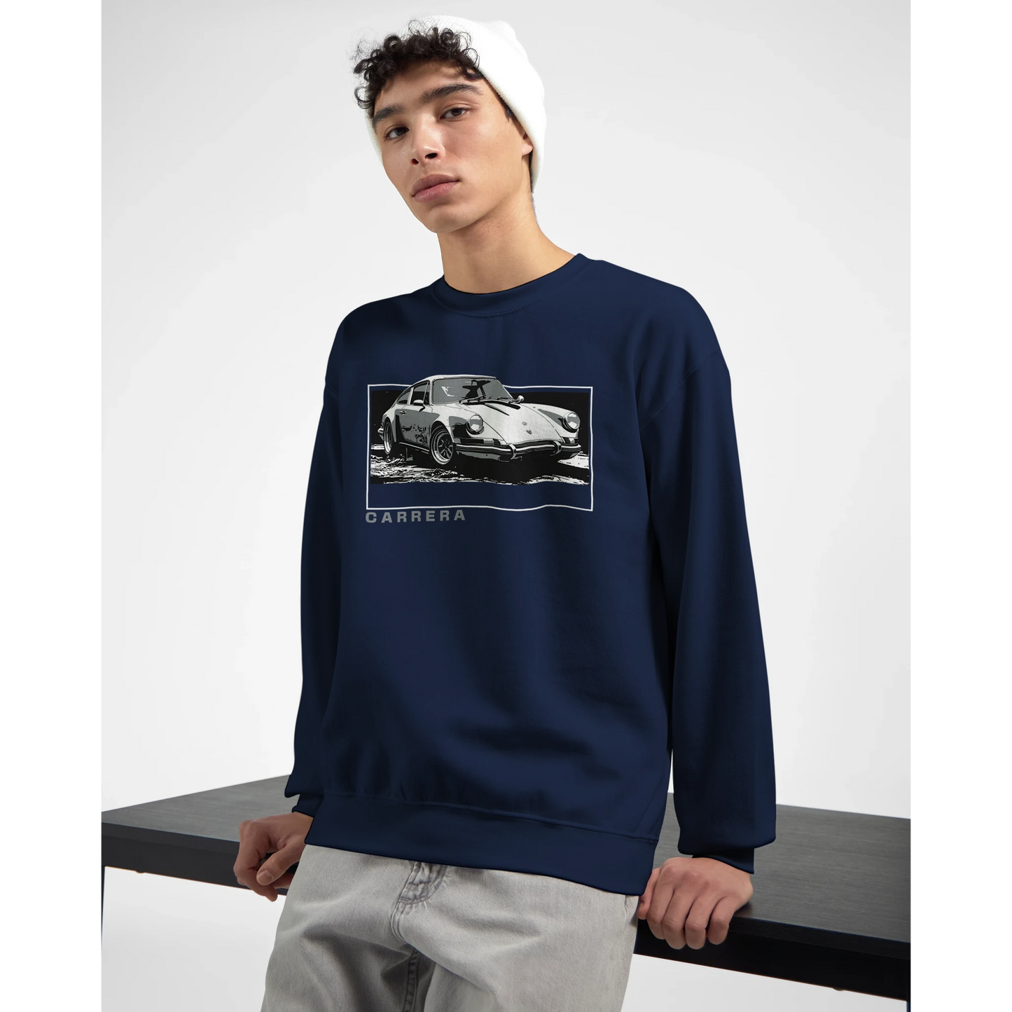 Navy heavyweight sweatshirt featuring a framed vintage white sports car graphic and 'CARRERA' text.