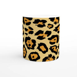Classic leopard print mug with beige background and bold black spots; retro animal print coffee cup.