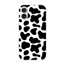 Black and white cow print iPhone case for iPhone 13-16 with bold Y2K animal design.
