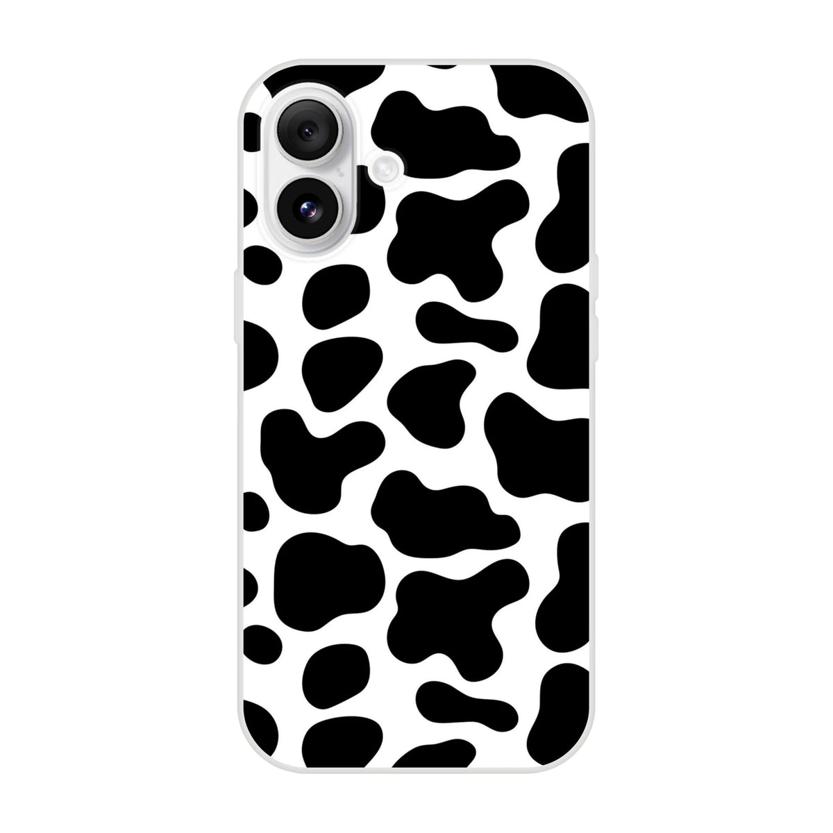 Black and white cow print iPhone case for iPhone 13-16 with bold Y2K animal design.