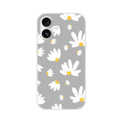 Ditsy Daisy iPhone case for 13-16, slim matte floral cover on gray with white daisies and yellow centers.