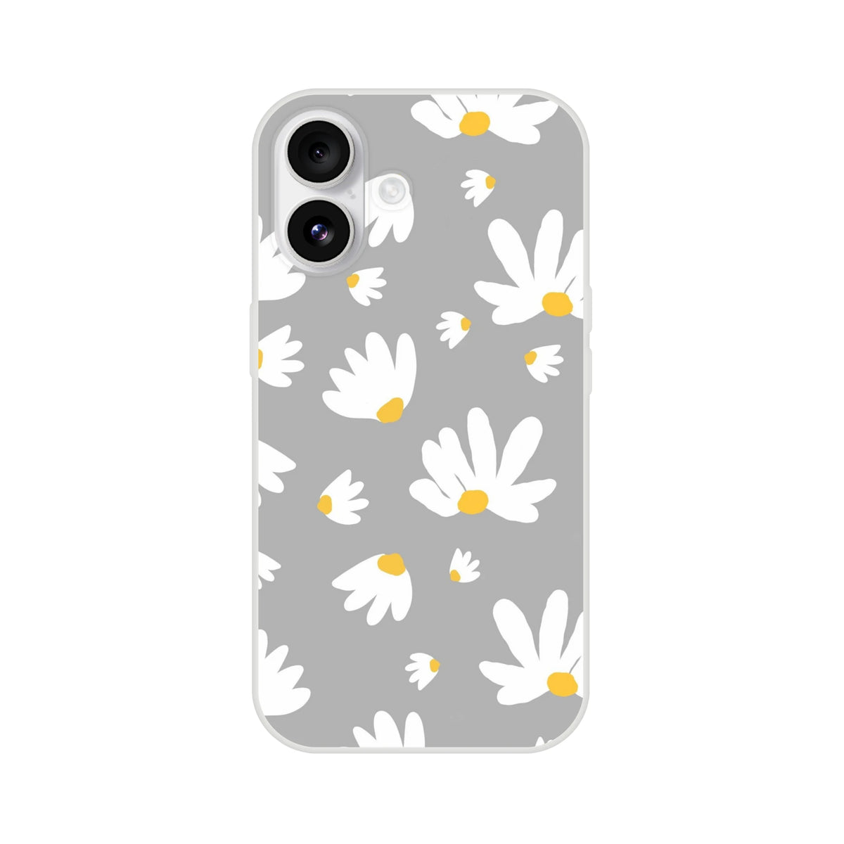 Ditsy Daisy iPhone case for 13-16, slim matte floral cover on gray with white daisies and yellow centers.