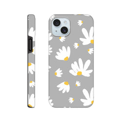 Grey iPhone case featuring white daisies with yellow centers, blending botanical print with utilitarian street style for iPhone 13-16.