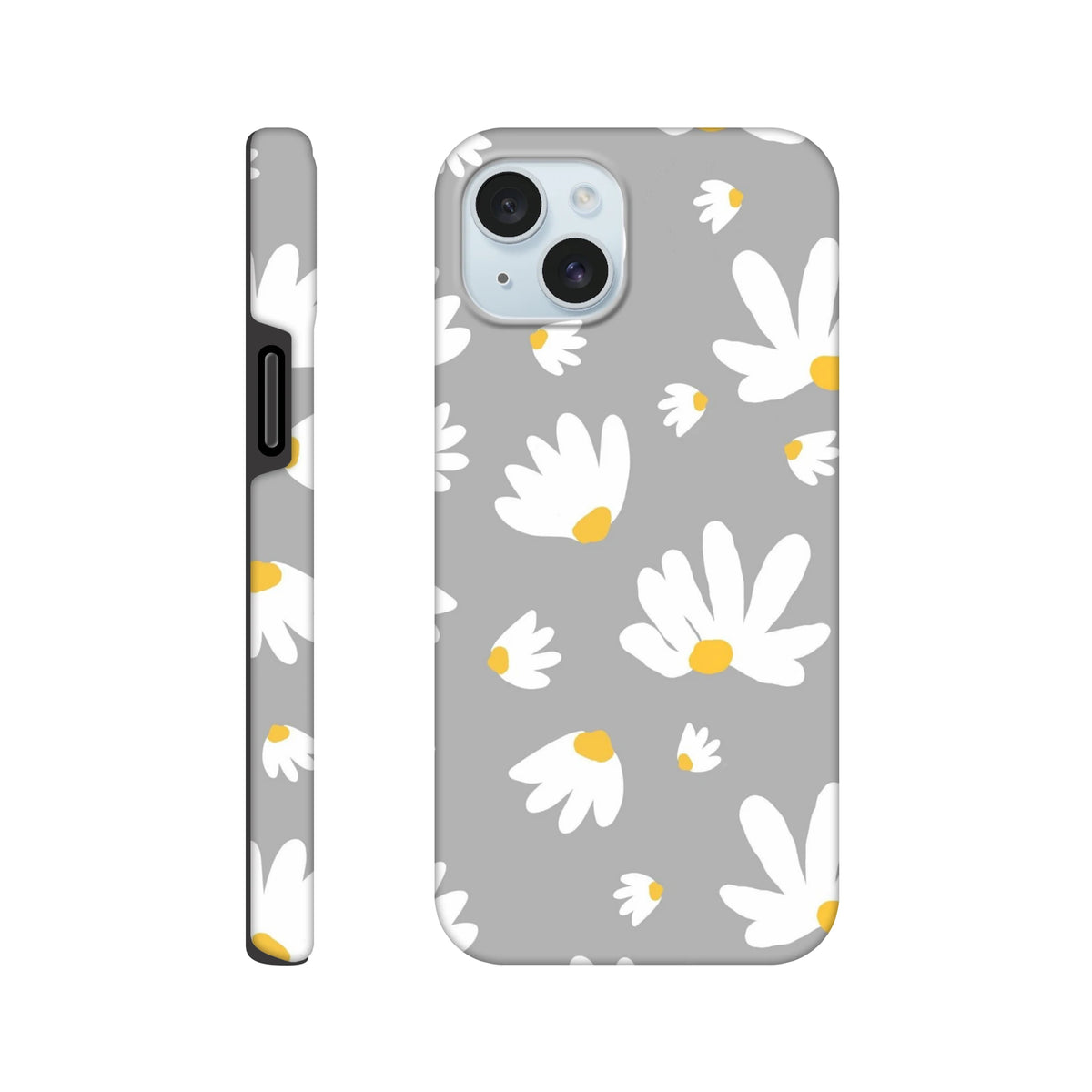 Grey iPhone case featuring white daisies with yellow centers, blending botanical print with utilitarian street style for iPhone 13-16.